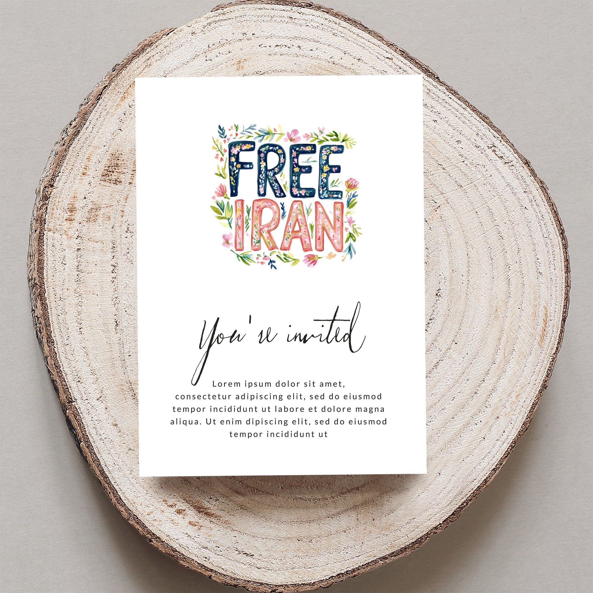 Invitation with "FREE IRAN" and floral design.