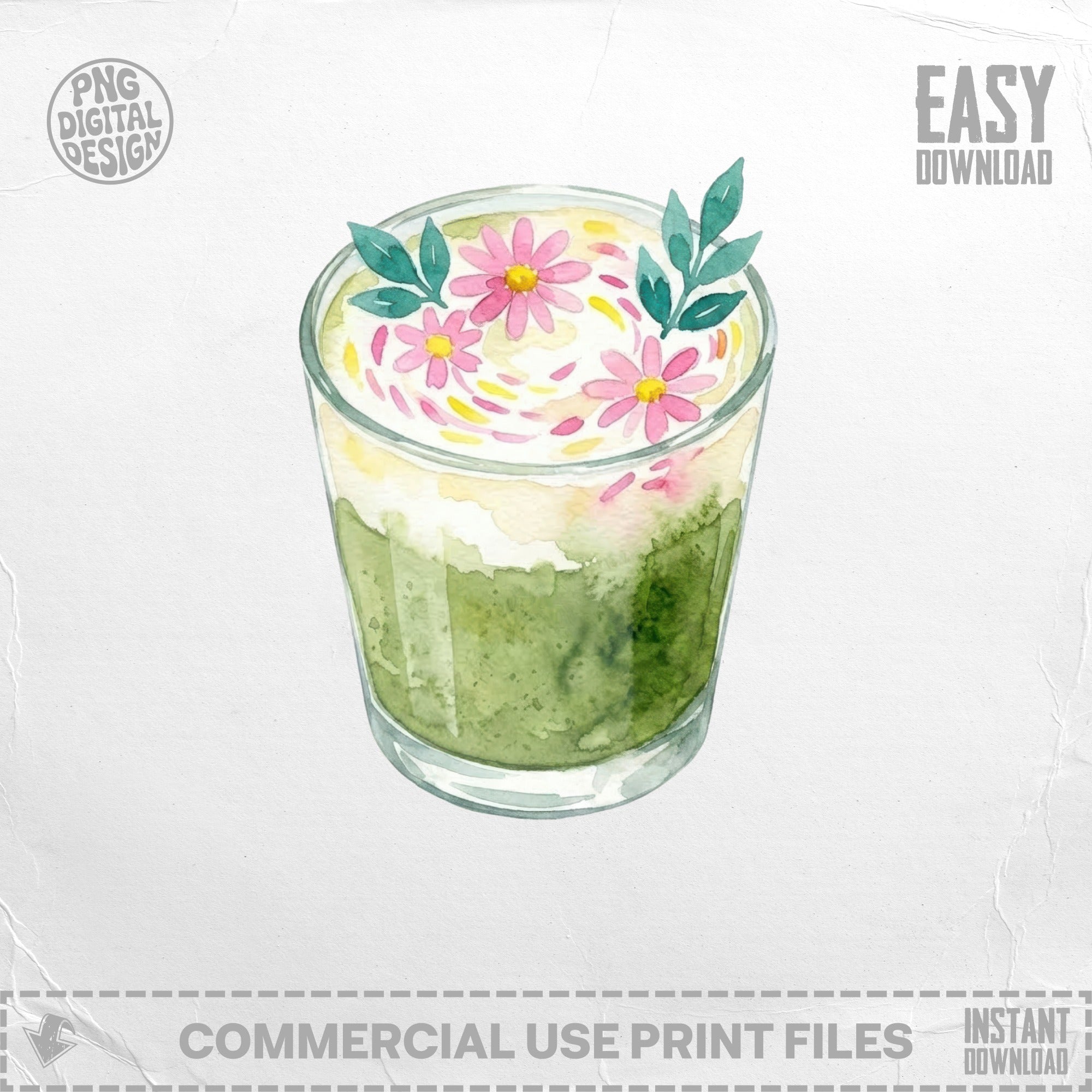 Watercolor illustration of a green drink topped with whipped cream and pink flowers.