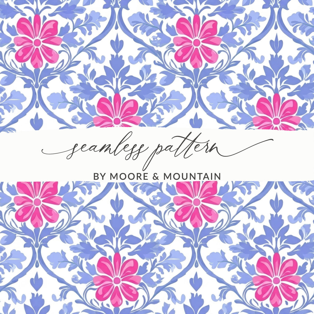 Seamless floral pattern with pink flowers and blue leaves.