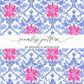 Seamless floral pattern with pink flowers and blue leaves.