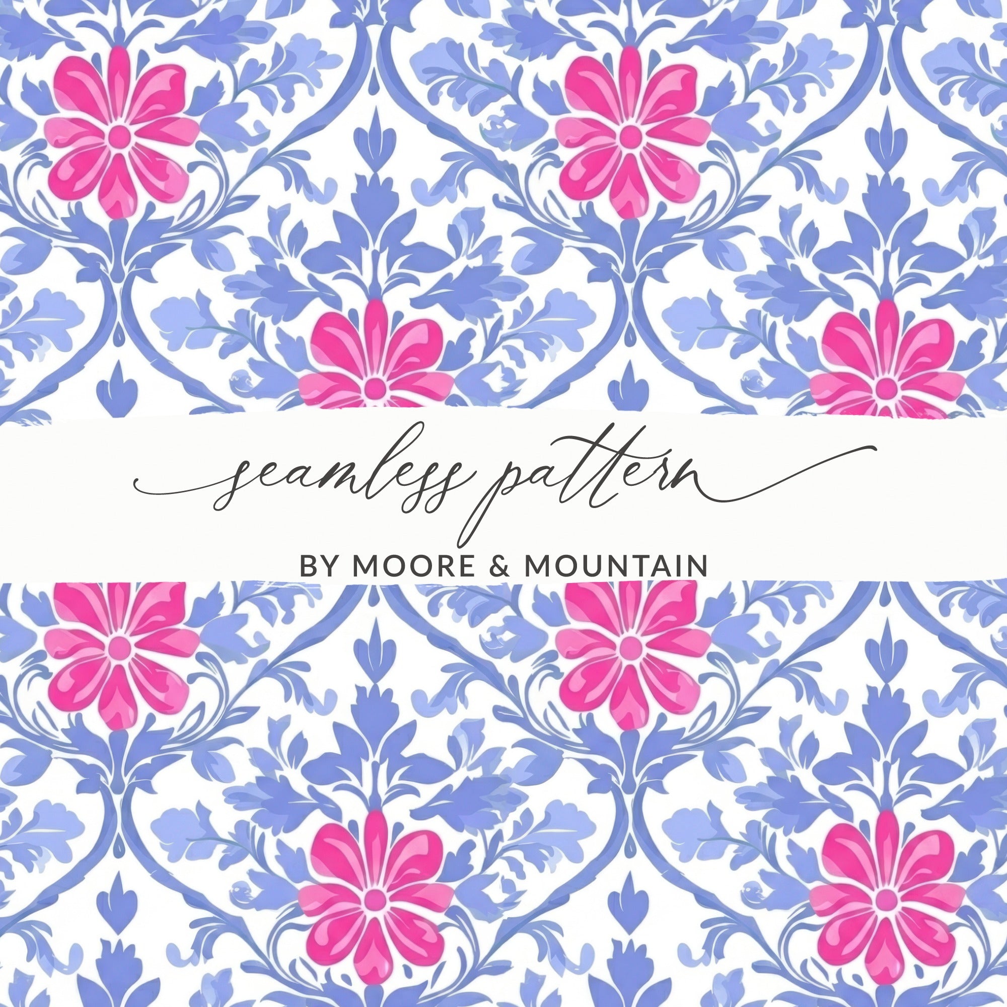 Seamless floral pattern with pink flowers and blue leaves.