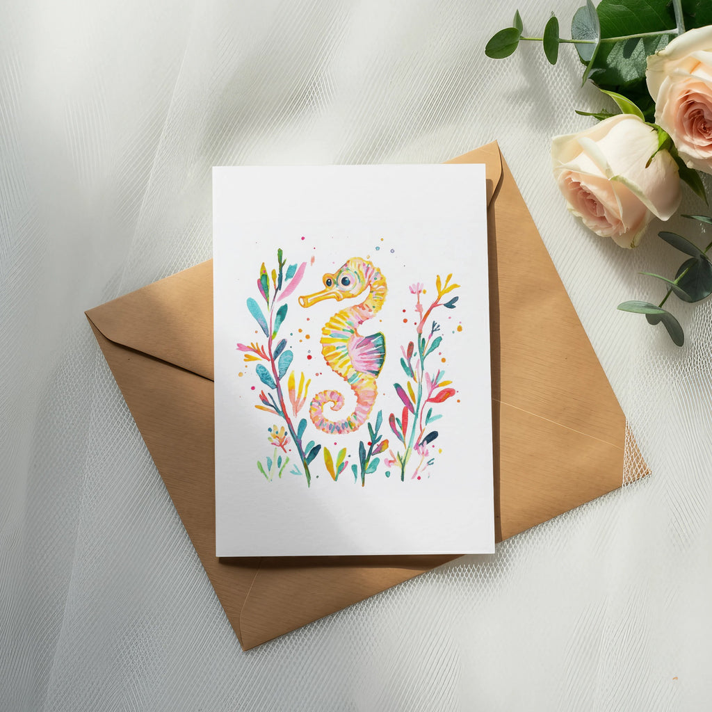 Watercolor seahorse illustration with colorful coral on an envelope.