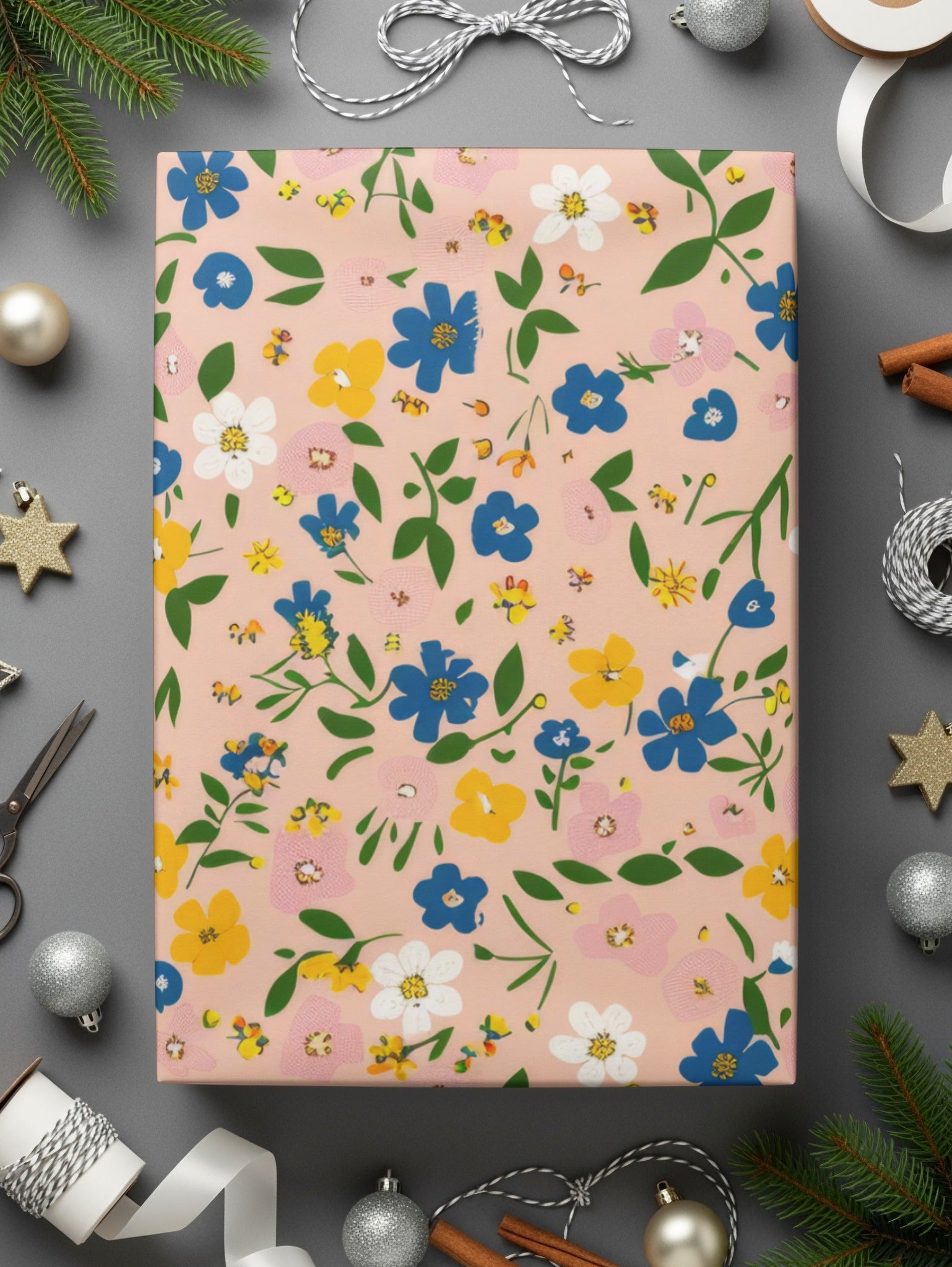 Floral Gift Wrap with Blue Yellow Pink Flowers Patterns