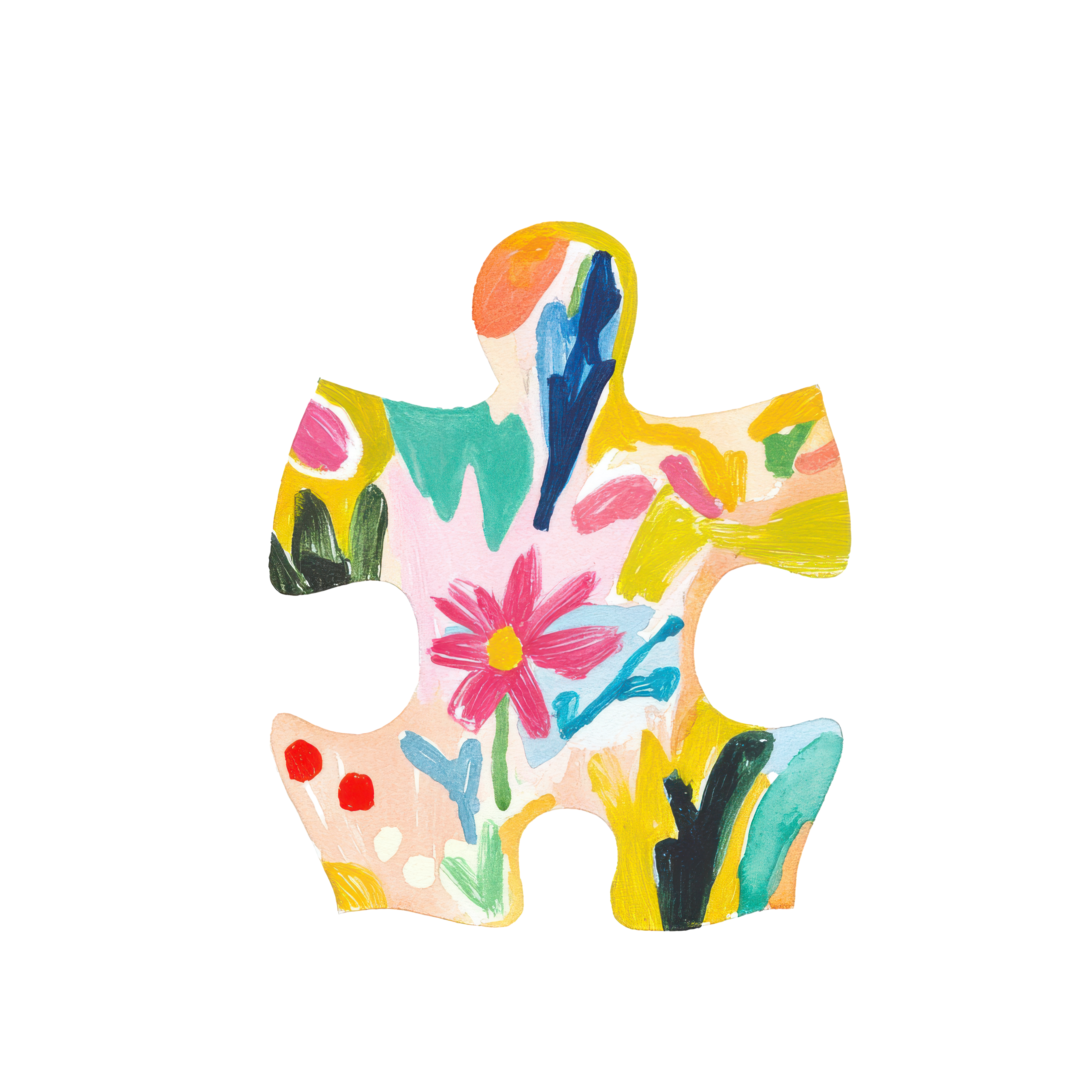 Colorful abstract puzzle piece with flower on white background.