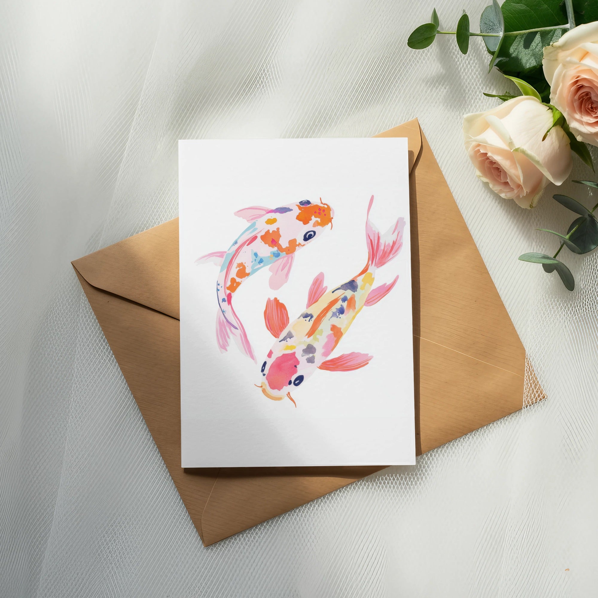Two colorful koi fish watercolor painting on a card, resting on an envelope with roses.