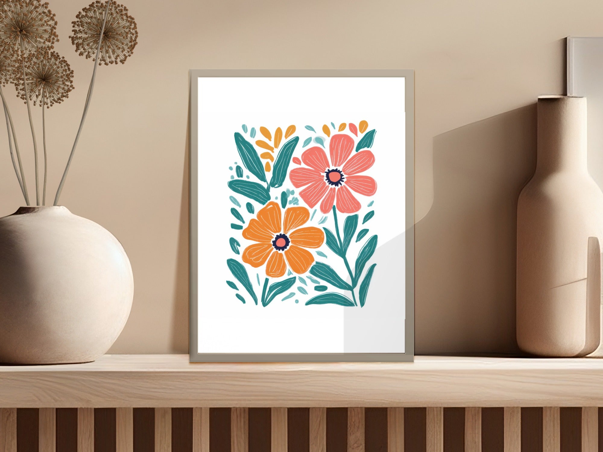 Framed abstract floral artwork with orange and pink flowers on light background.