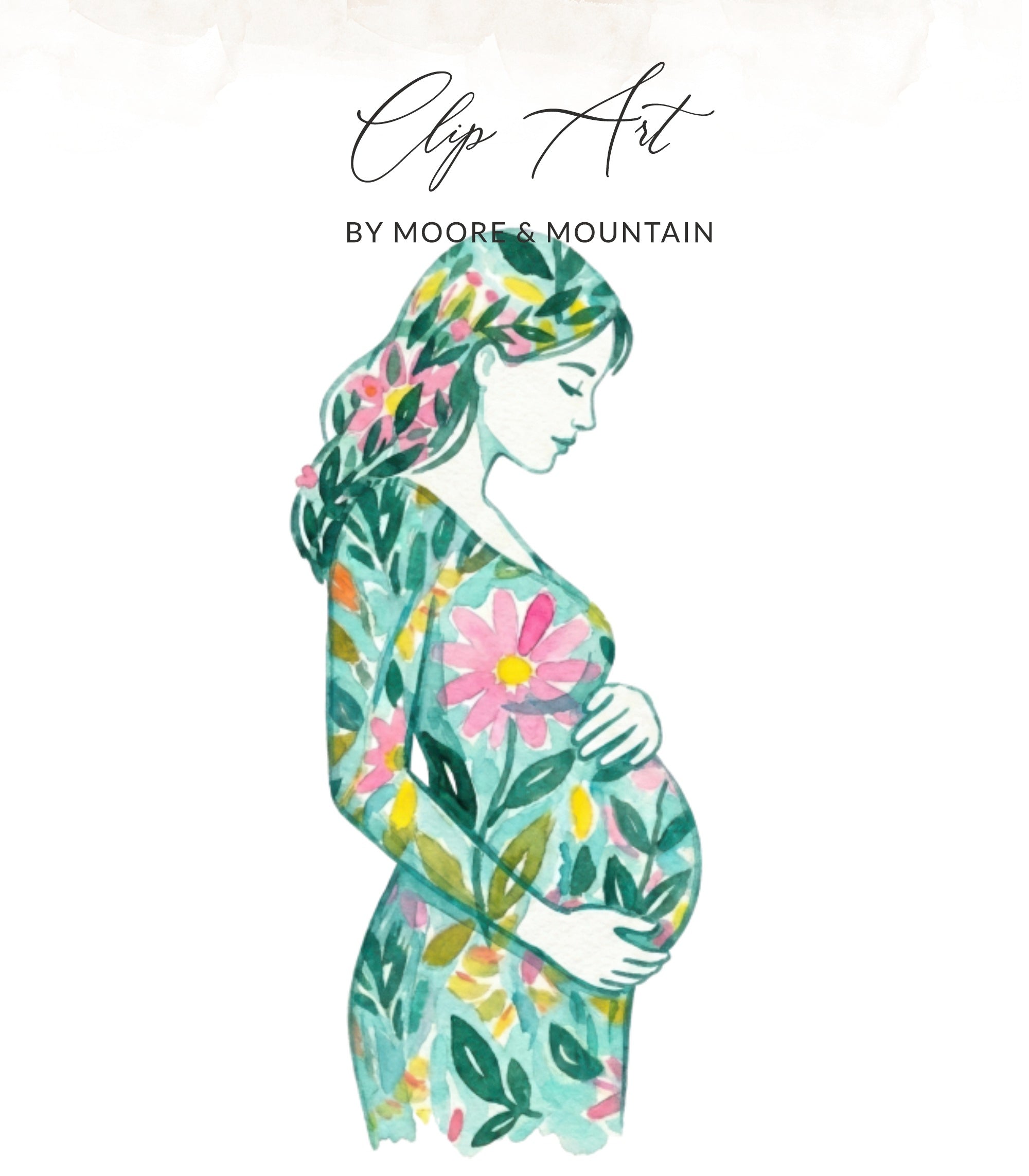 Pregnant woman in floral dress with "Clip Art by Moore & Mountain" text.