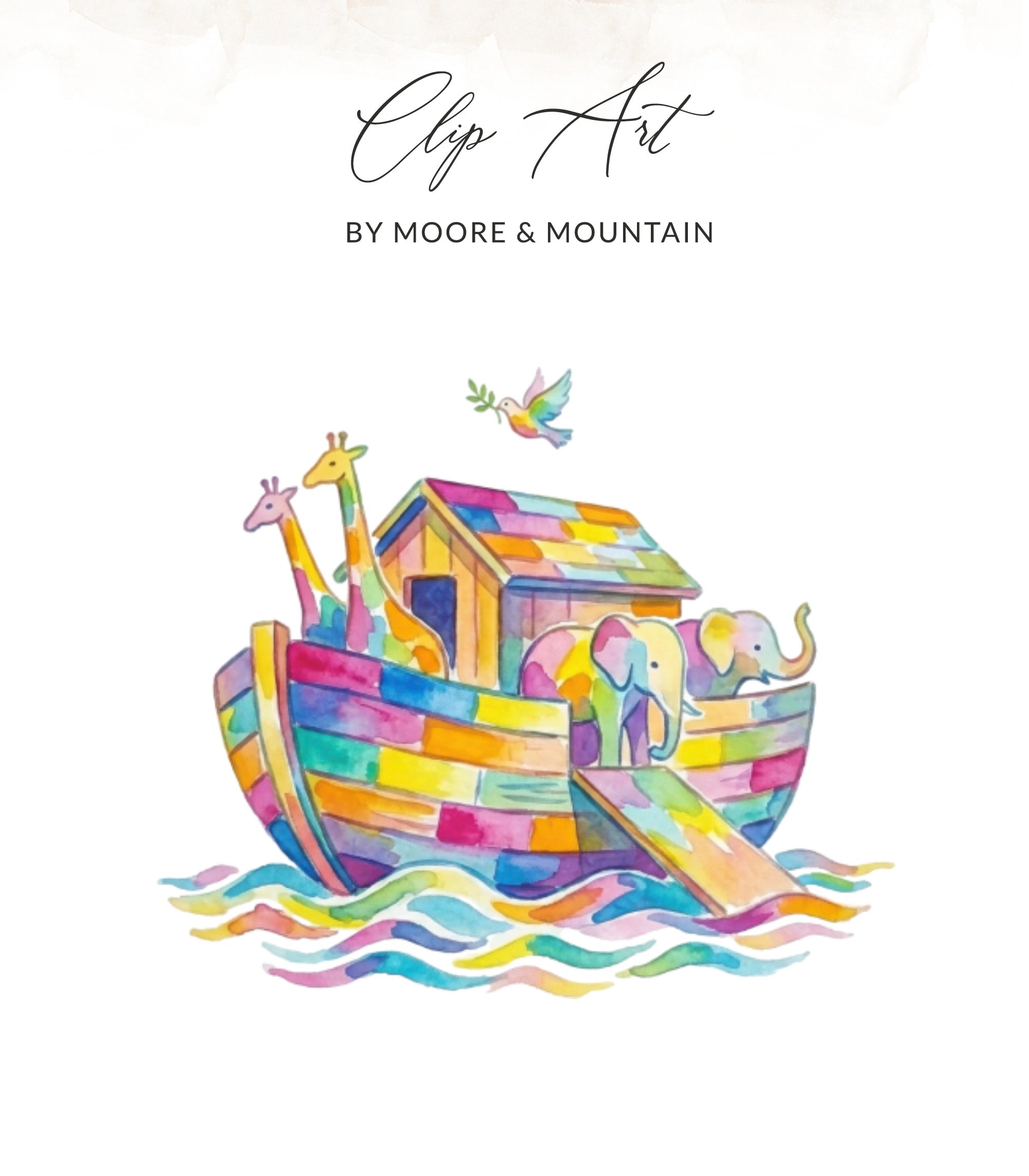 Noah's Ark with giraffes, elephant, and bird, watercolor art.