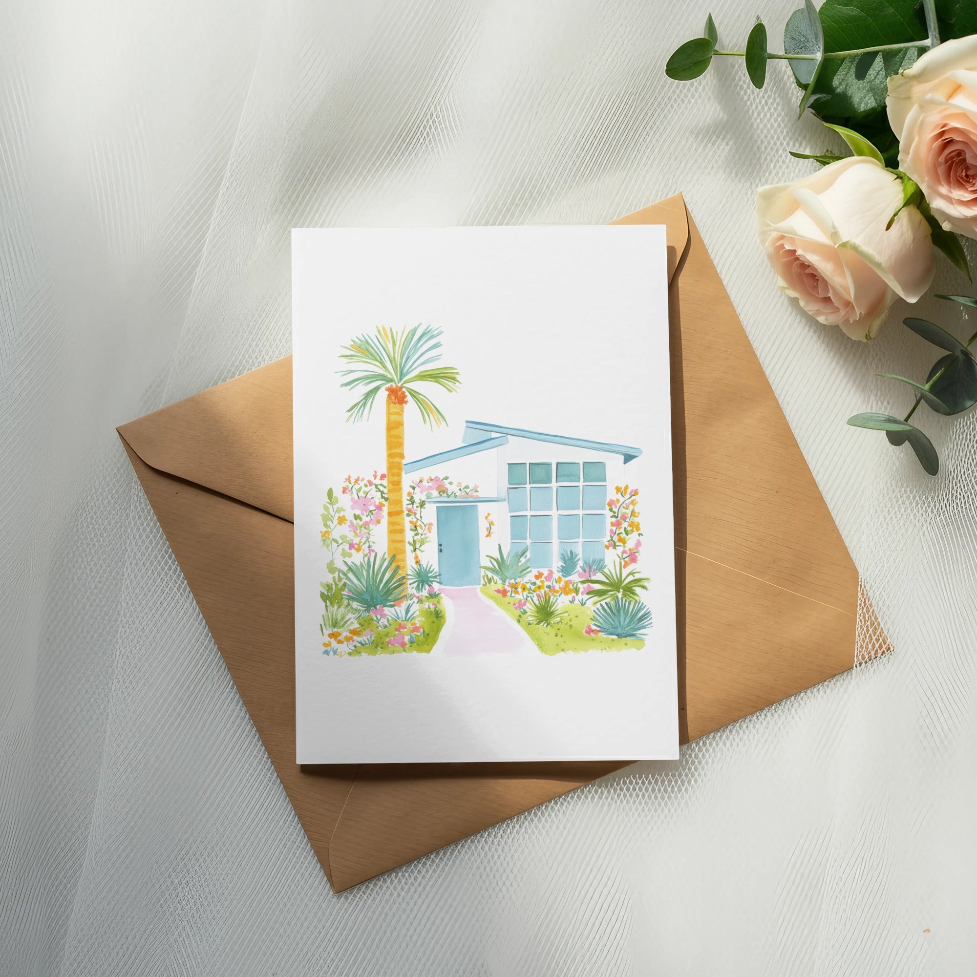 Watercolor illustration of a mid-century modern house with palm trees and flowers.