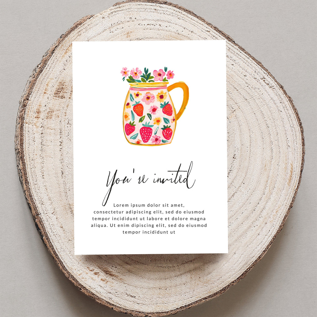 Invitation card with floral mug, strawberries, and placeholder text.