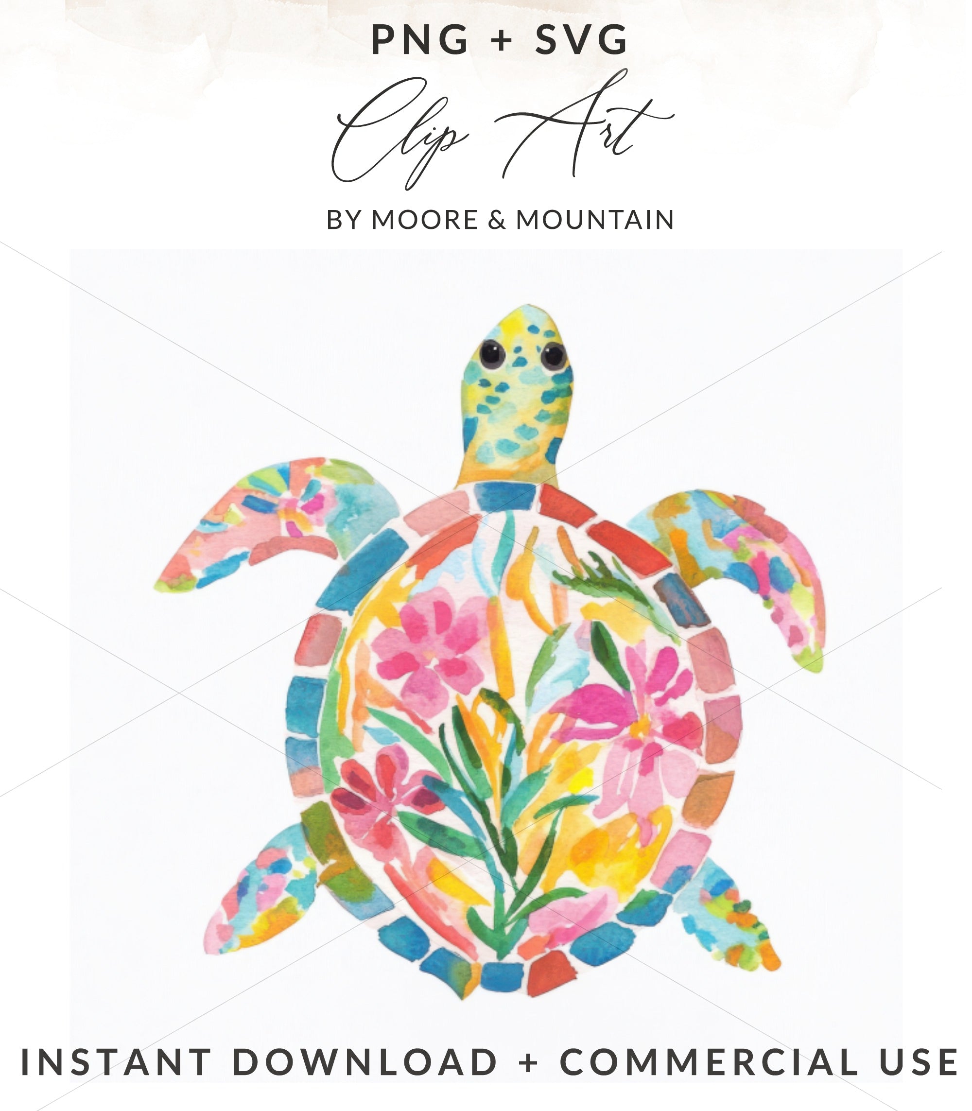 Watercolor sea turtle with floral patterns, "Clip Art" and "Instant Download".