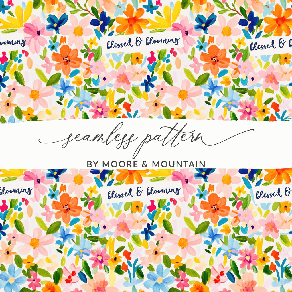 Colorful Floral Blessed & Blooming Seamless Pattern