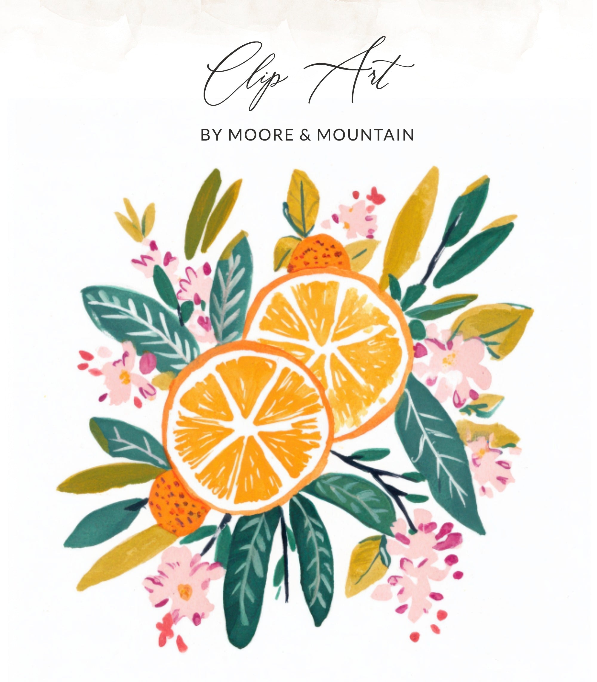 Two orange slices with leaves and pink flowers in a watercolor style.