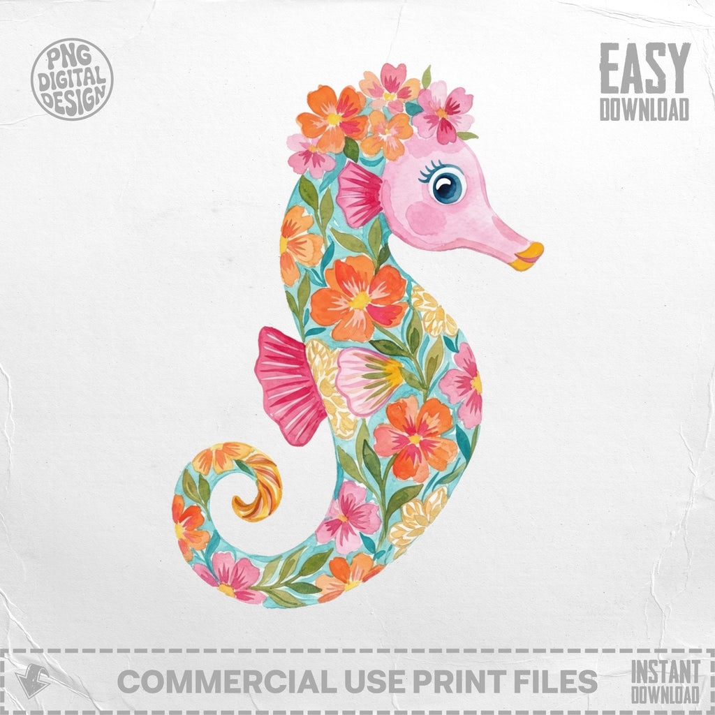 Watercolor seahorse with floral headdress and tail on a white background.
