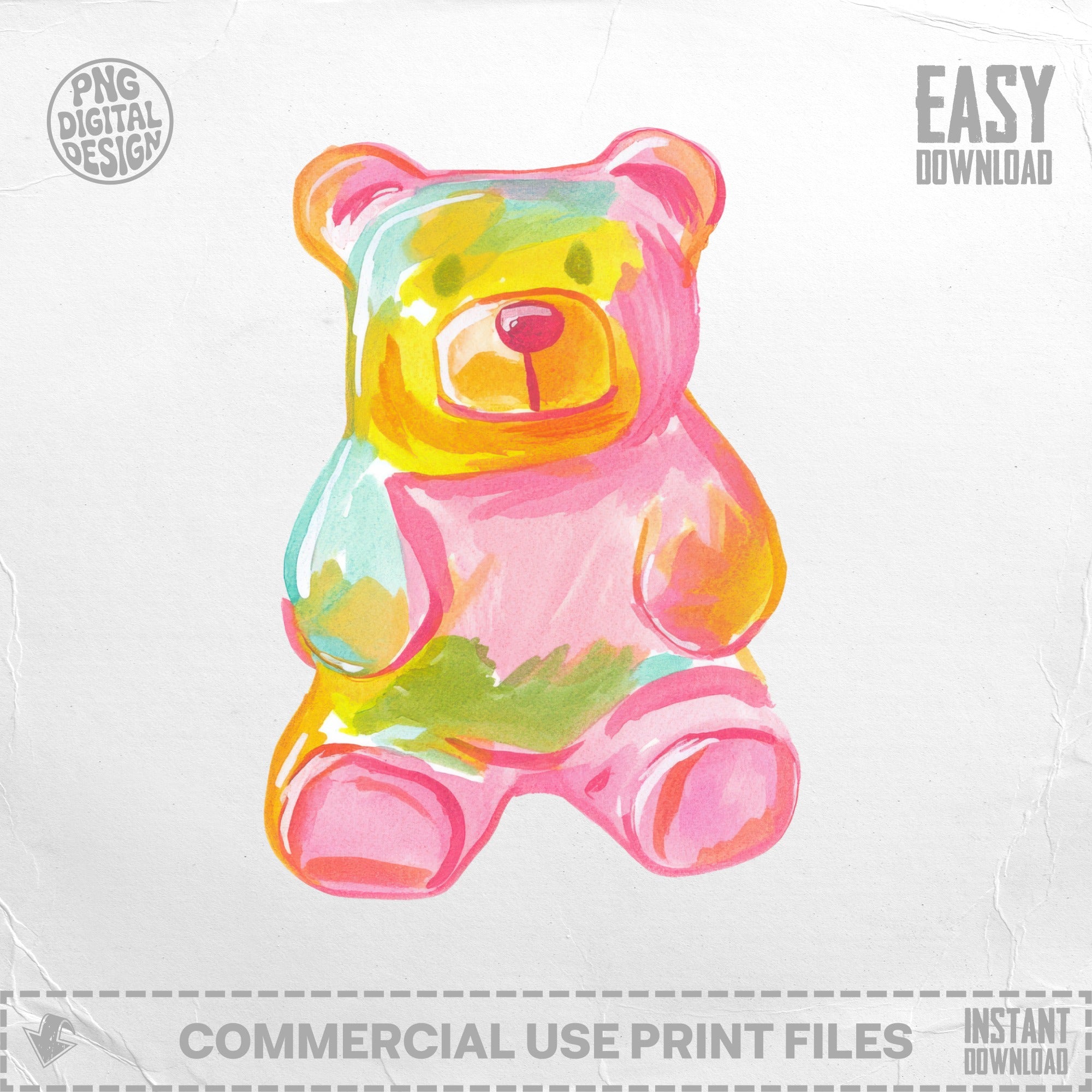 Watercolor gummy bear illustration with pastel colors, labeled "EASY DOWNLOAD".