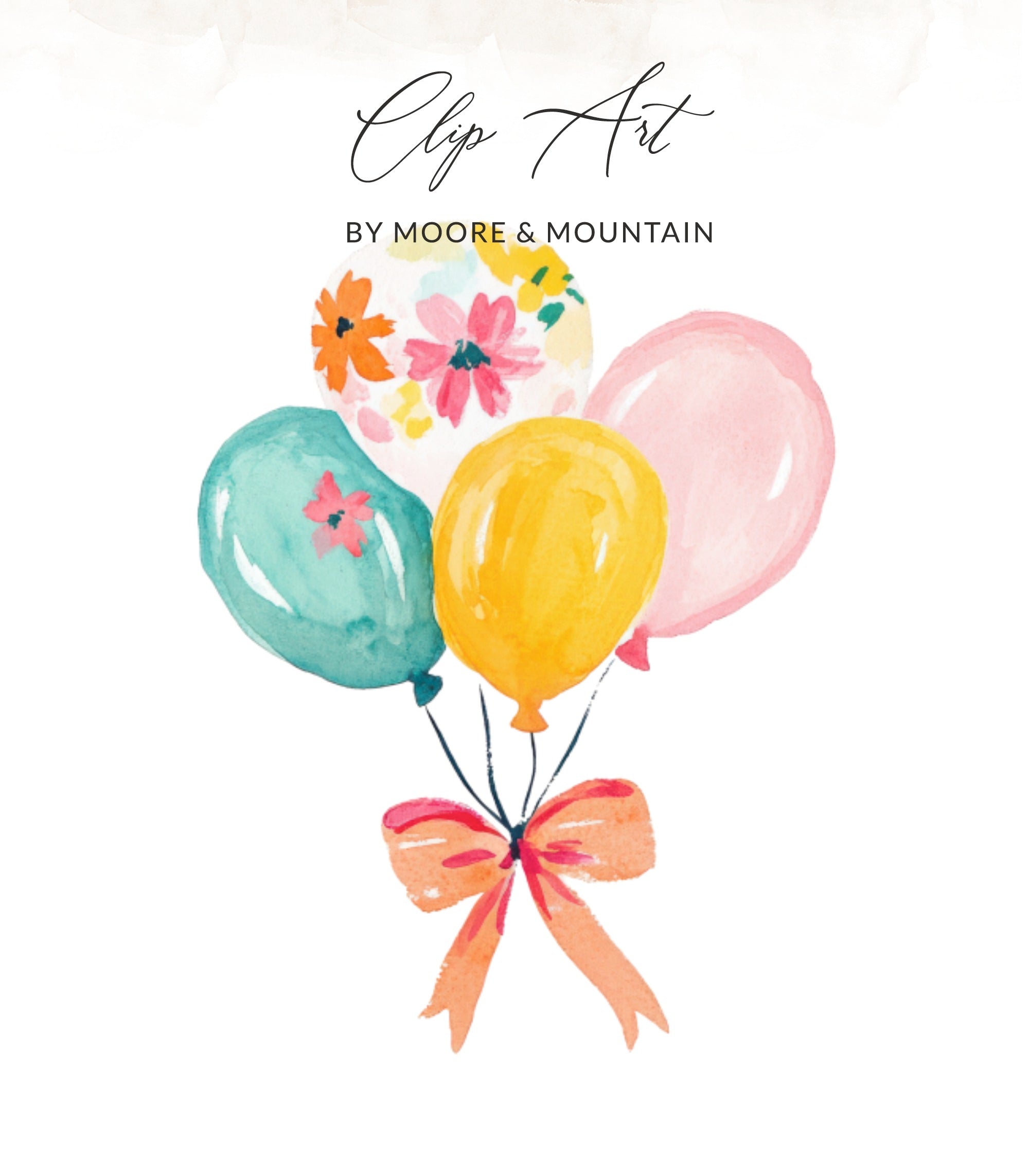Watercolor balloons with ribbon and text "Clip Art".