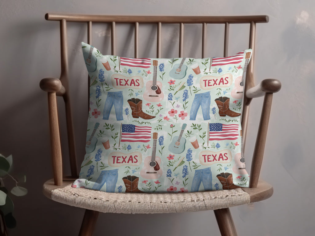 Texas Themed Decorative Pillow with Music and Flag Design
