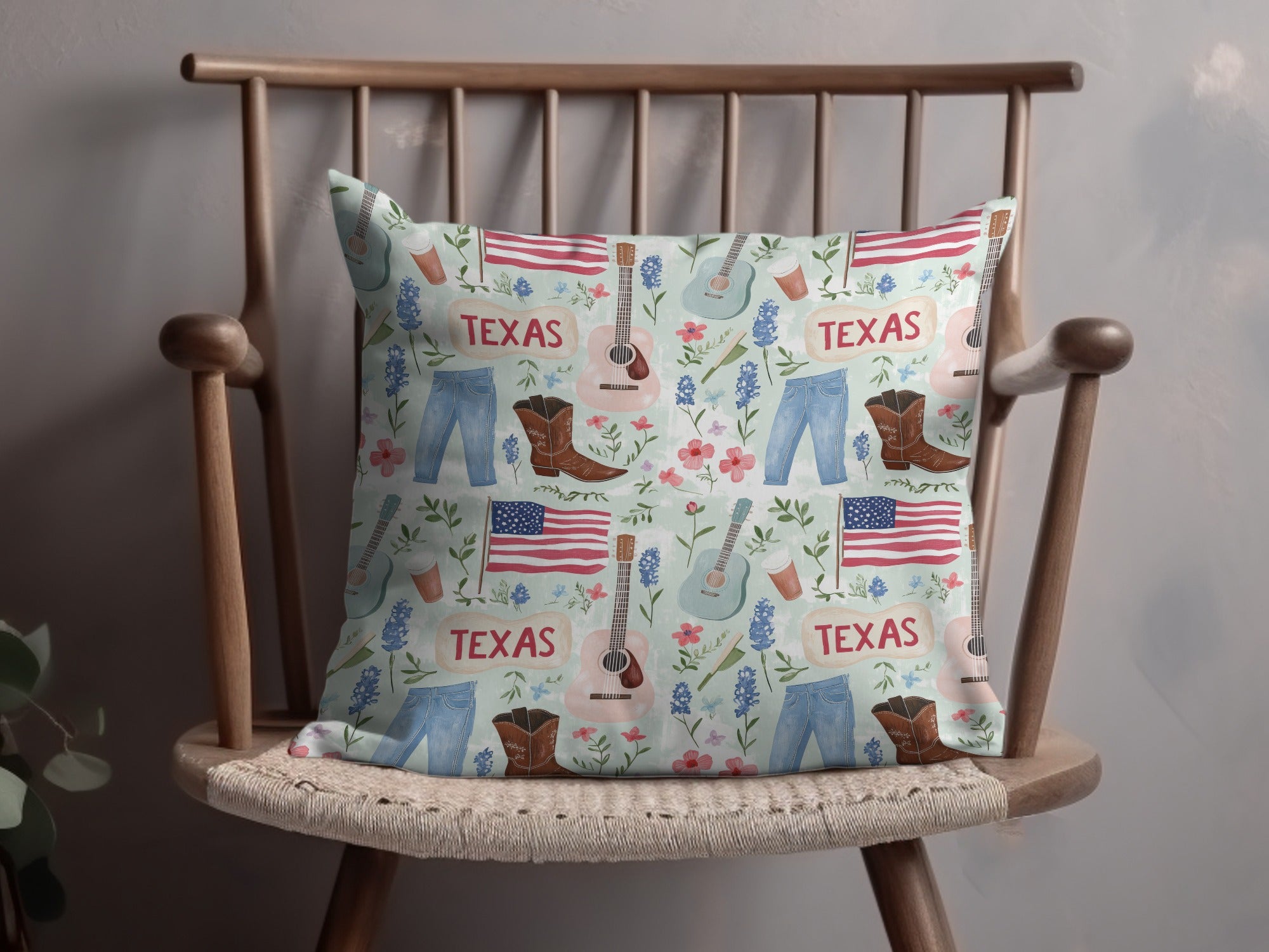 Texas Themed Decorative Pillow with Music and Flag Design