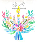 Watercolor menorah with colorful flowers and leaves, "Clip Art" text.
