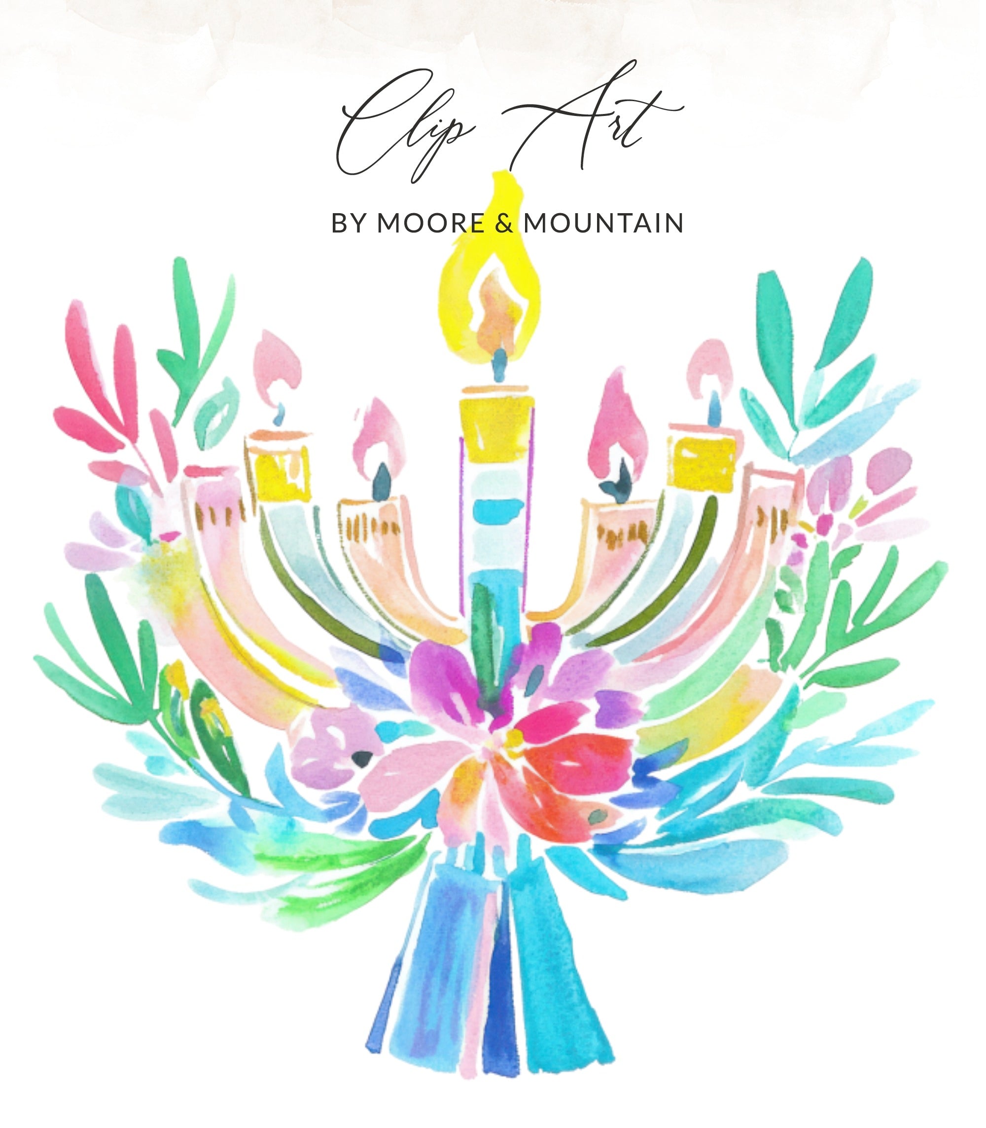 Watercolor menorah with colorful flowers and leaves, "Clip Art" text.