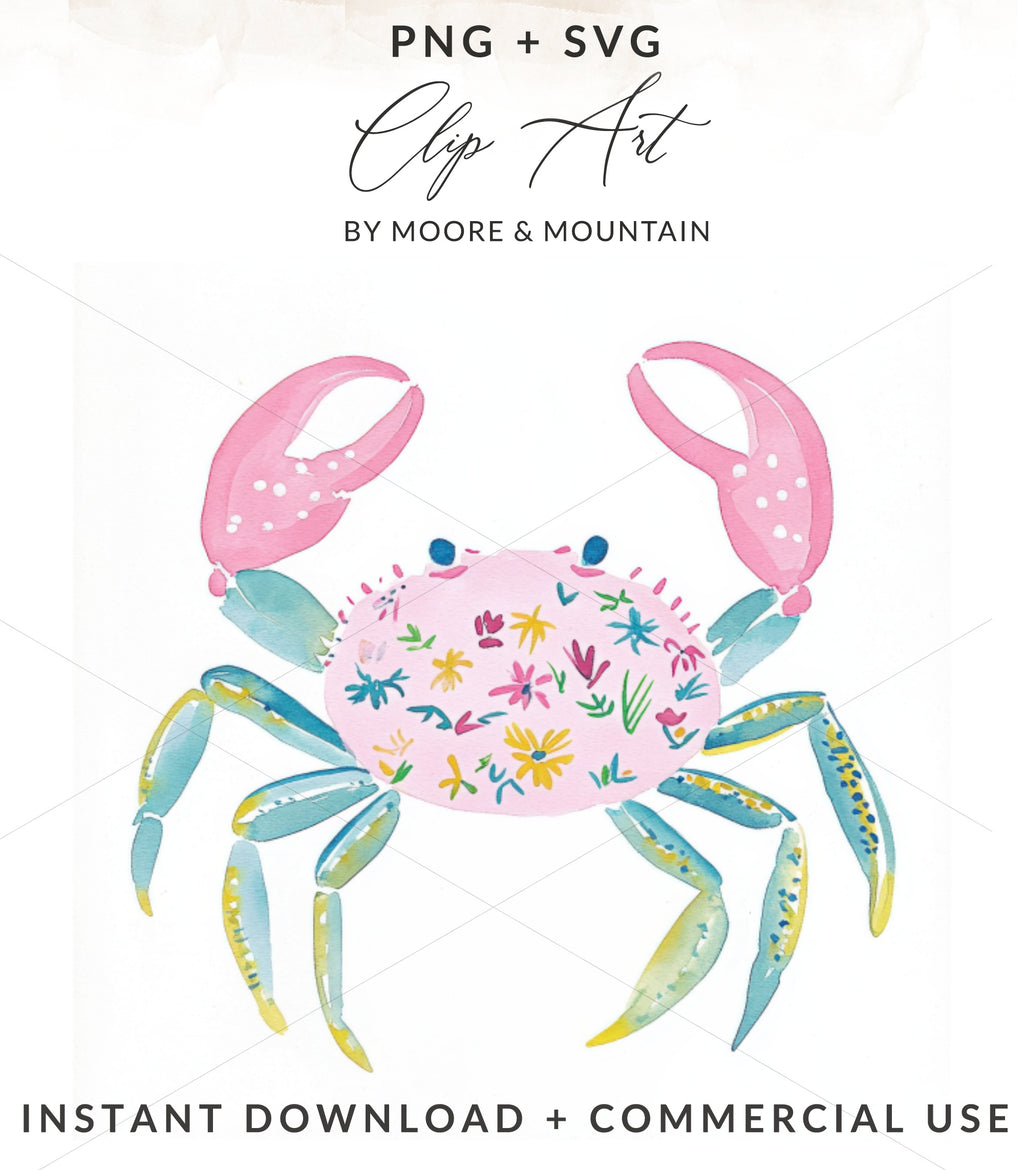 Watercolor crab clip art with floral pattern and text.