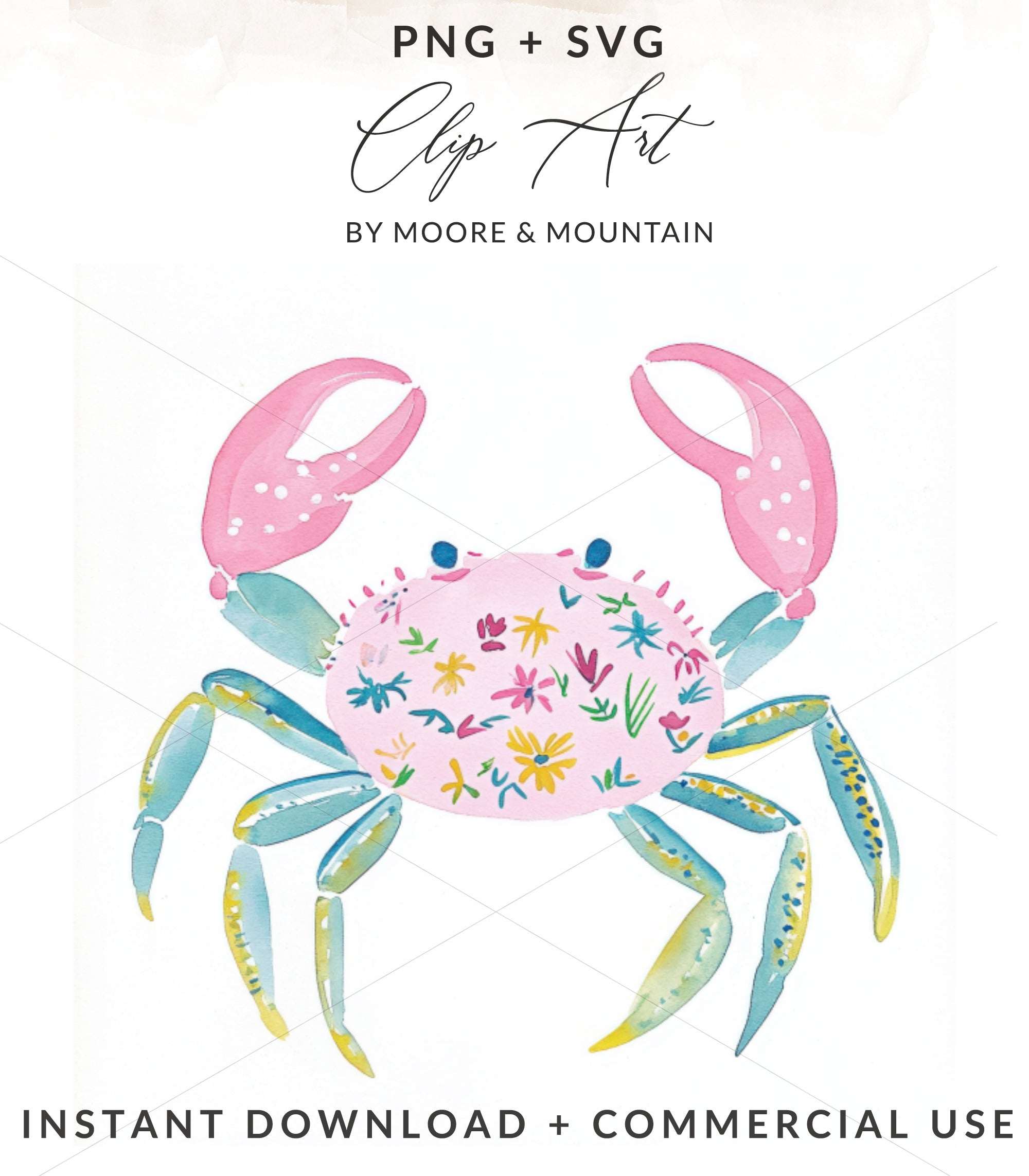 Watercolor crab clip art with floral pattern and text.