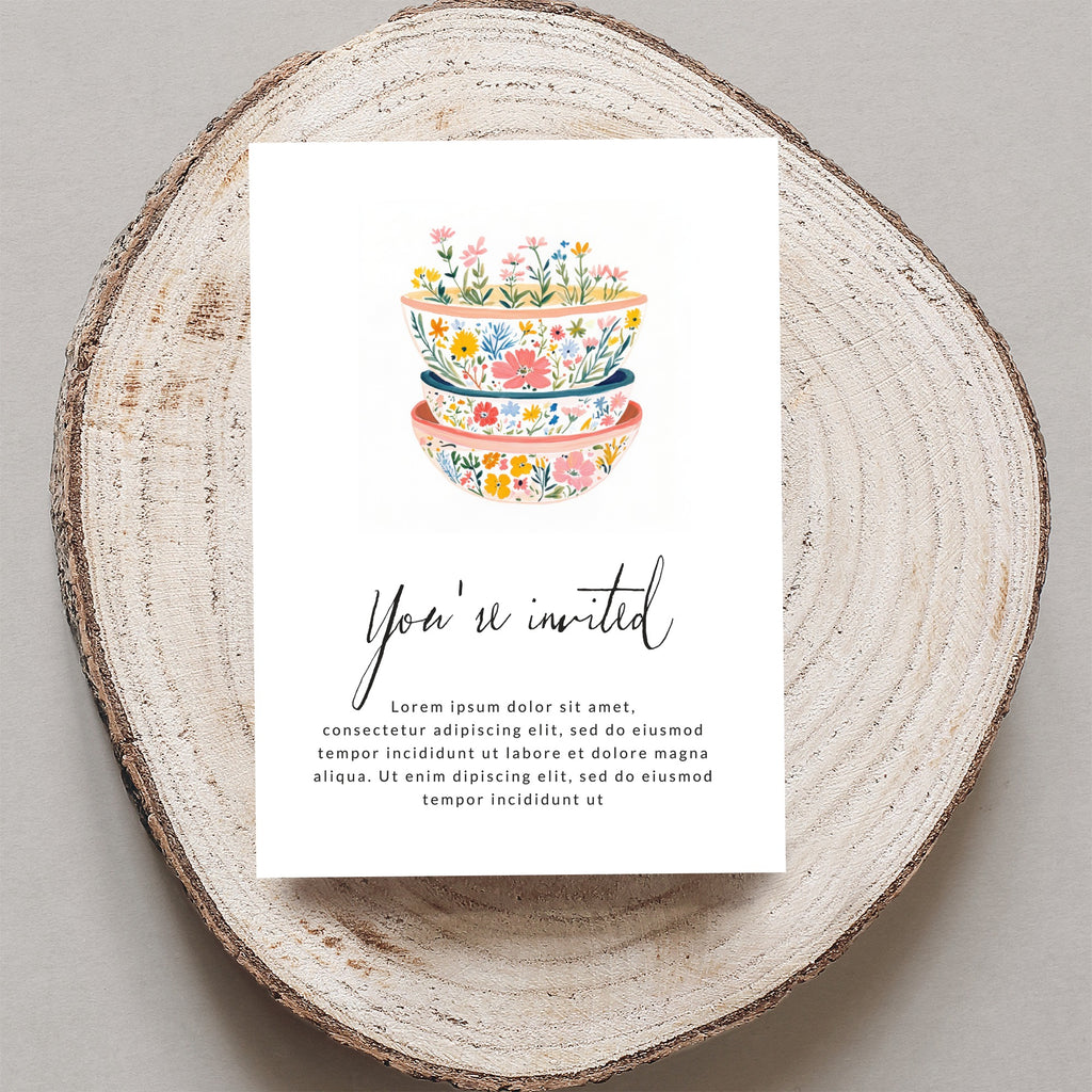 Invitation card with floral bowls, "You're invited" text, and placeholder copy.
