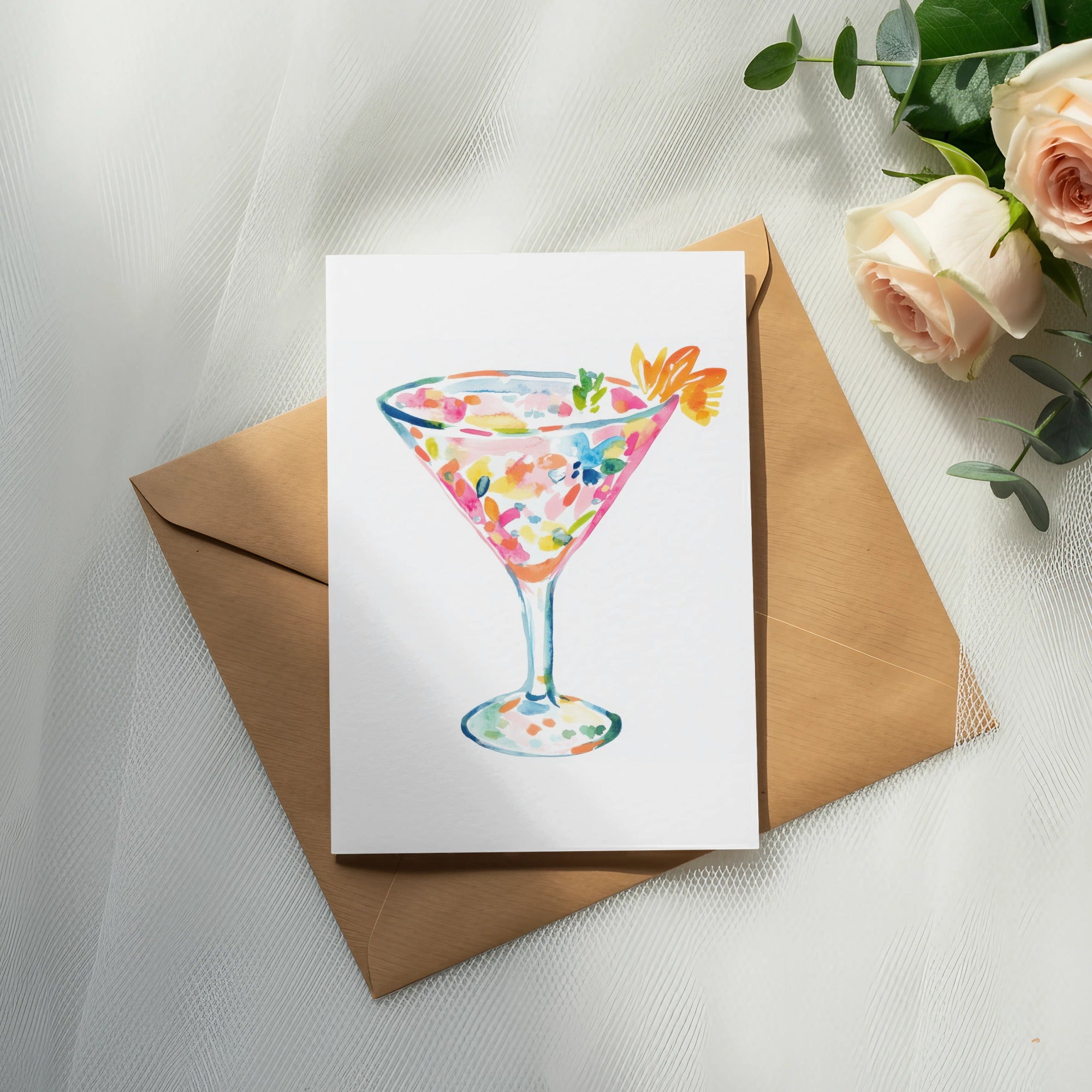 Watercolor martini glass with colorful flowers, on envelope.