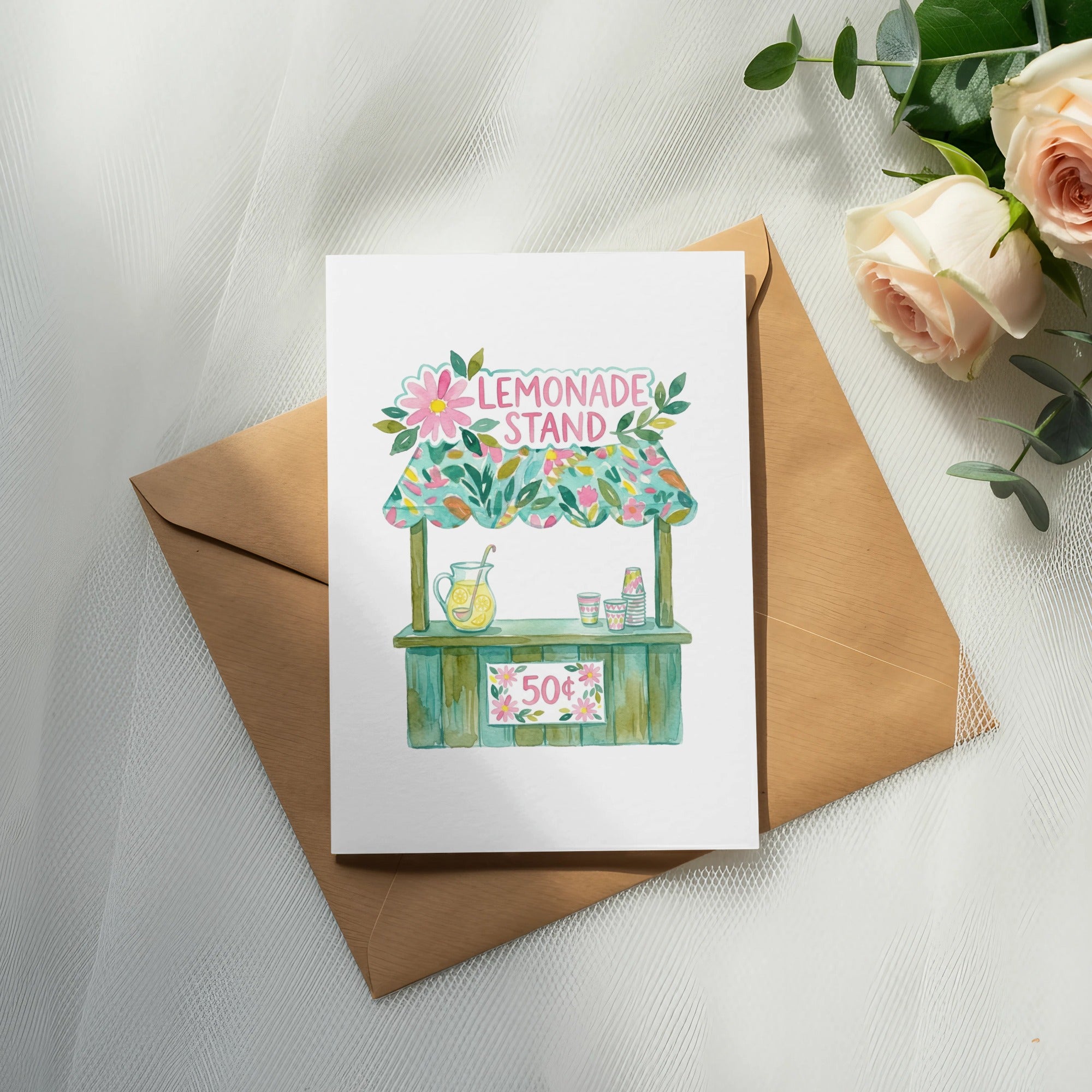 Watercolor illustration of a lemonade stand with flowers, text reads "LEMONADE STAND 50¢".