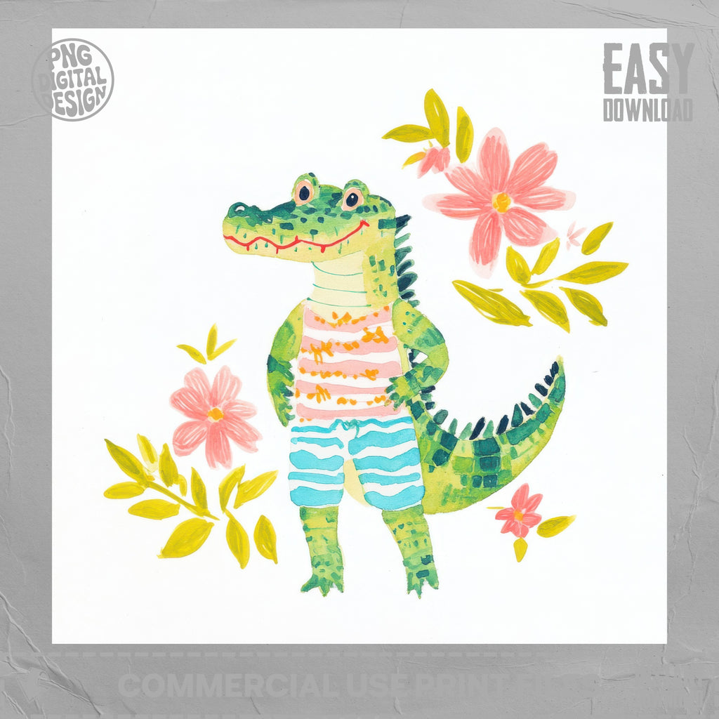 Cartoon alligator wearing striped shirt and striped shorts, surrounded by flowers.