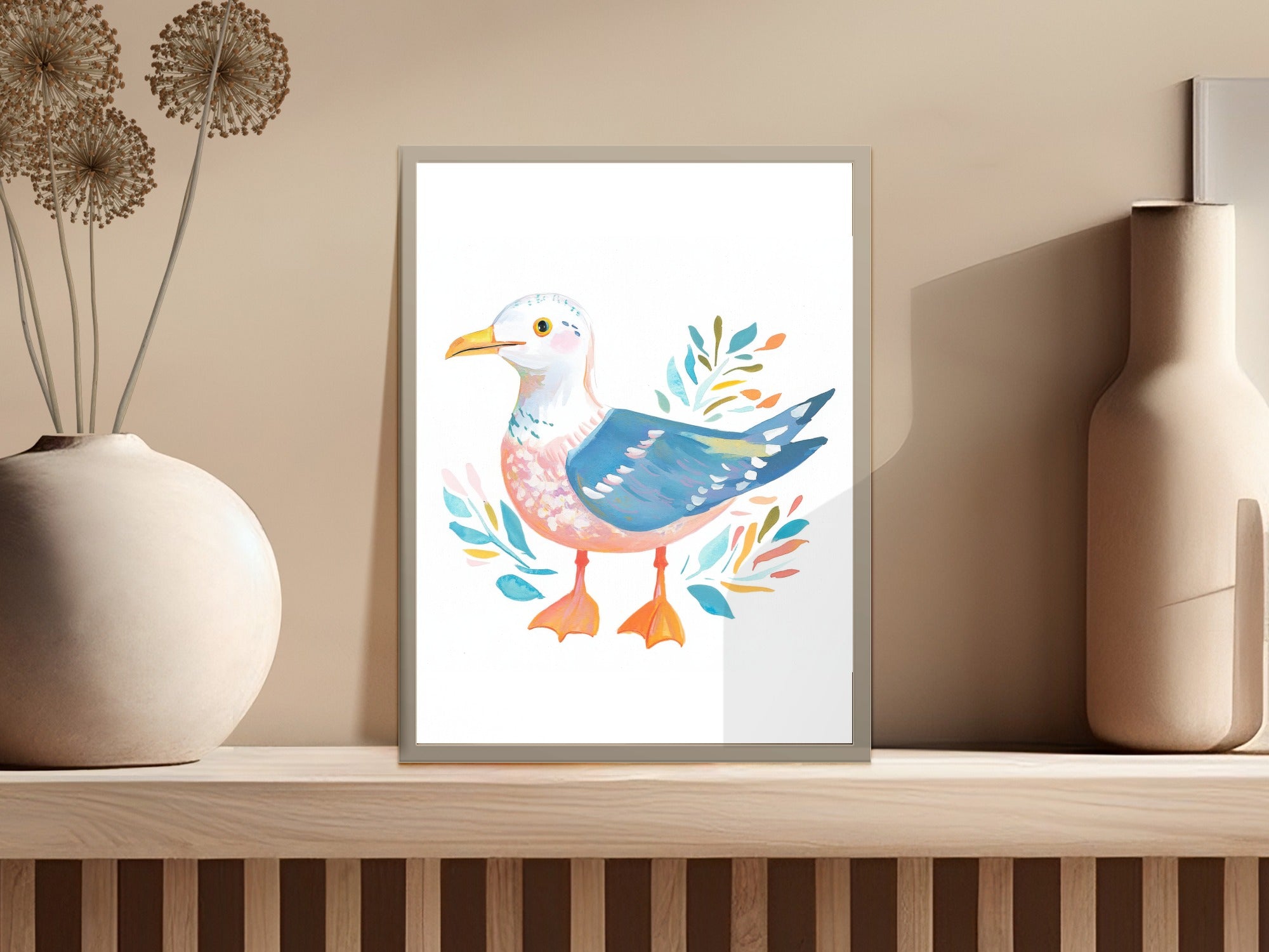 Watercolor illustration of a colorful seagull surrounded by foliage.