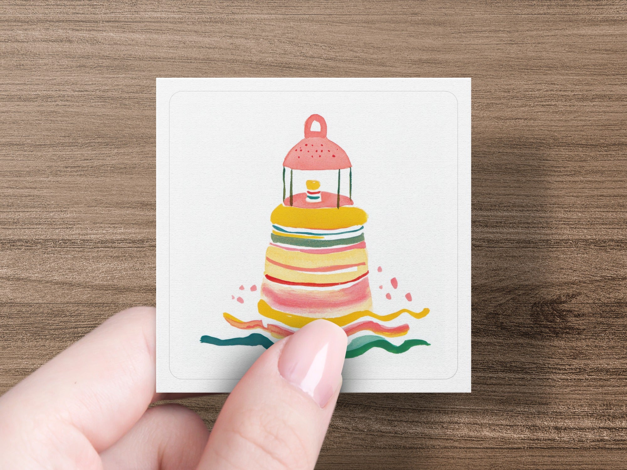 Watercolor illustration of a striped lighthouse with waves.