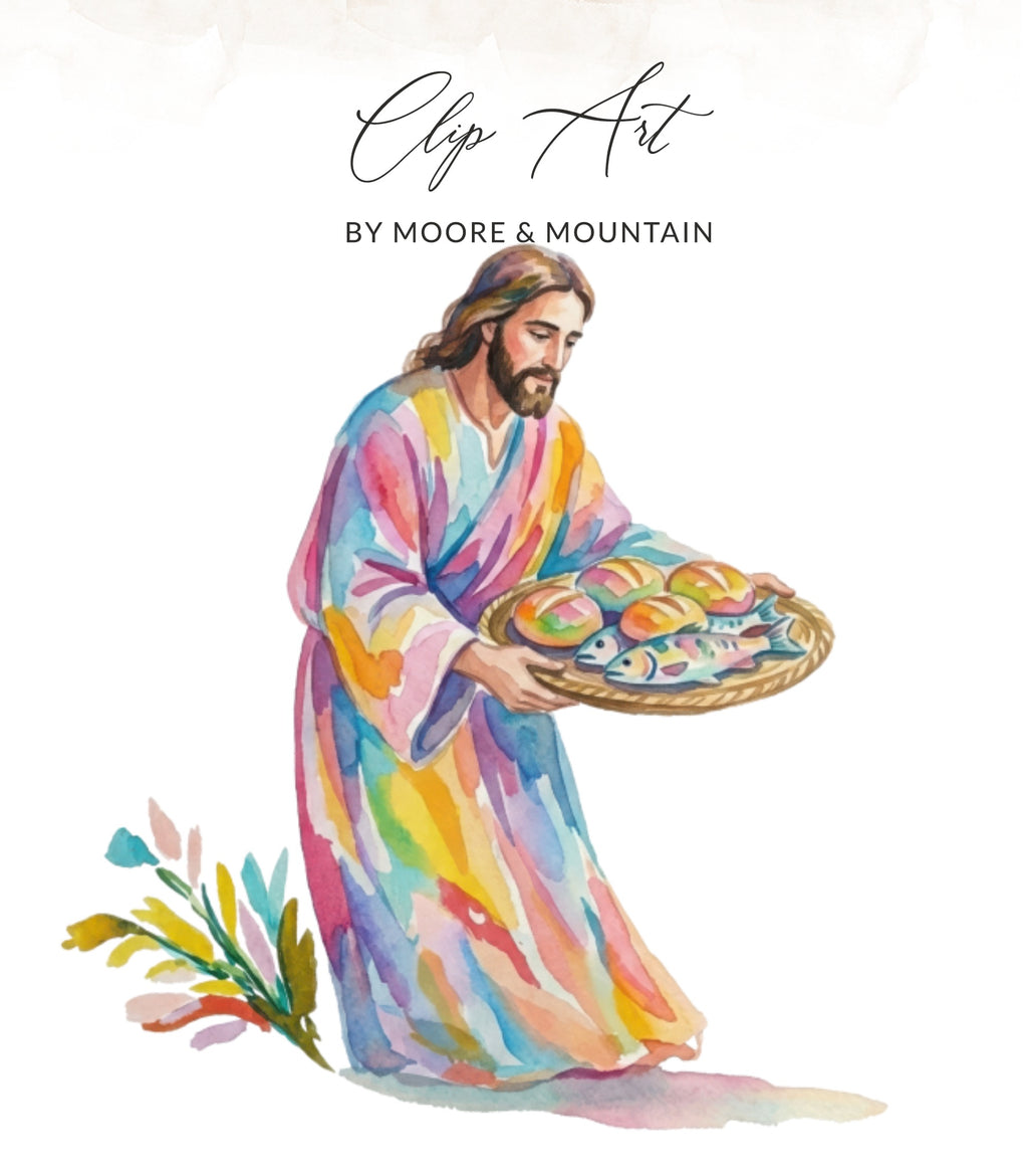 Jesus holding a basket with bread and fish.