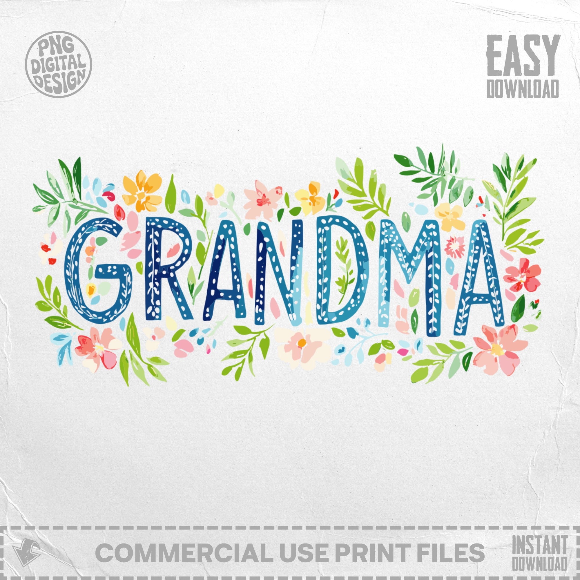 "GRANDMA" text adorned with colorful floral watercolor illustrations.
