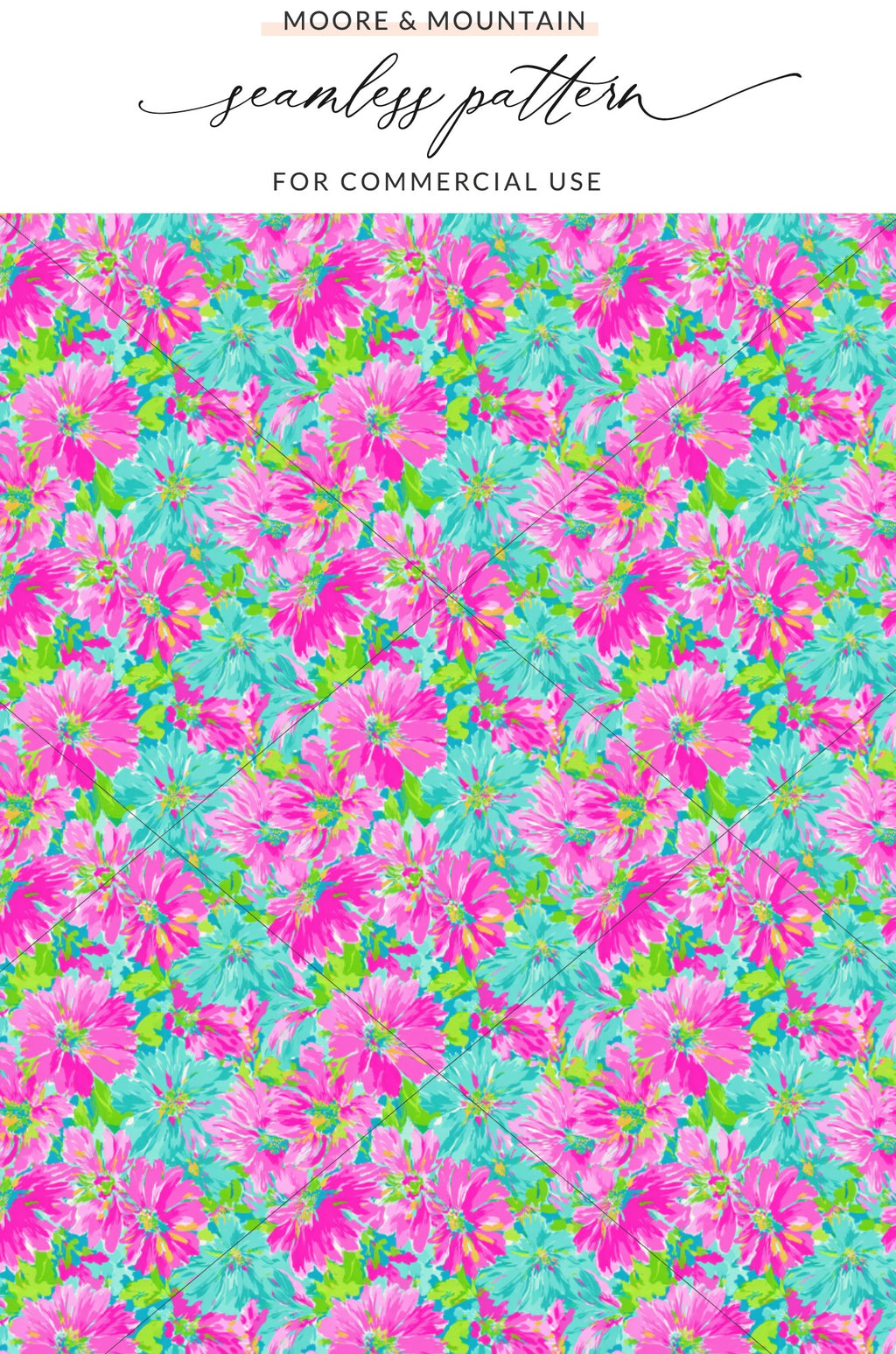 Seamless floral pattern with pink and teal flowers.