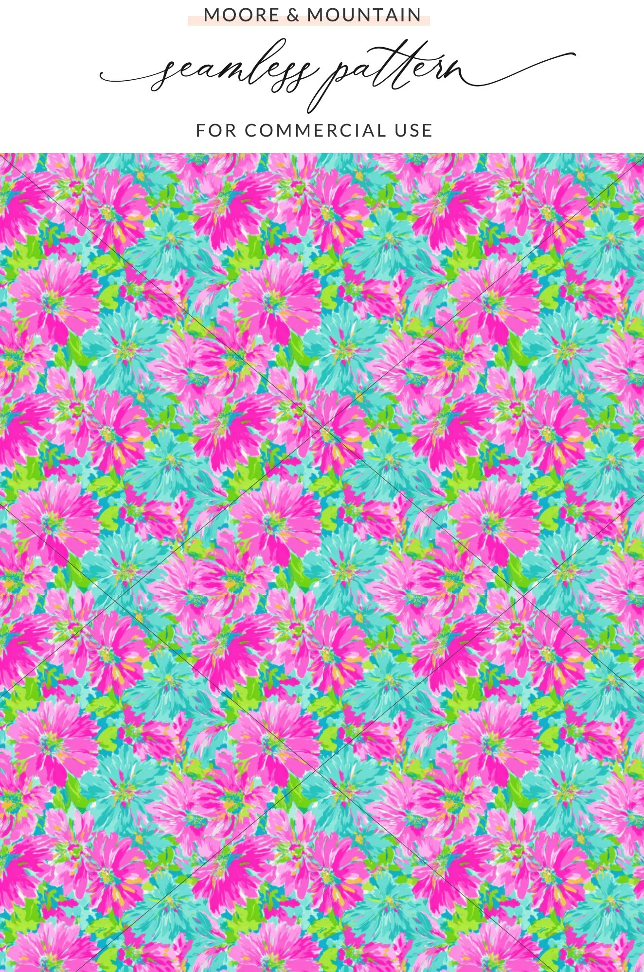 Seamless floral pattern with pink and teal flowers.