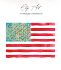 Watercolor American flag with floral stars and stripes, text "Clip Art".