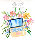 Watercolor clip art of a laptop surrounded by colorful flowers.