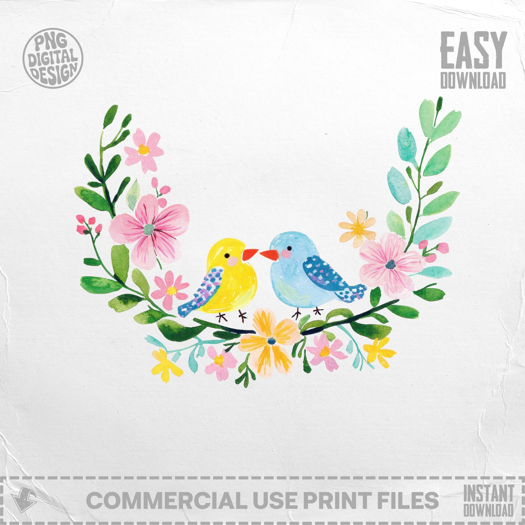Two watercolor birds perched on a floral wreath, with "Easy Download" text.