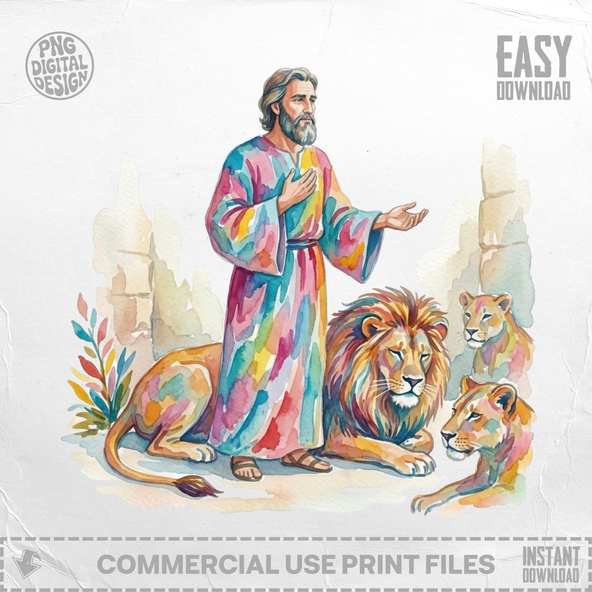 Man in colorful robe with lions in watercolor style.