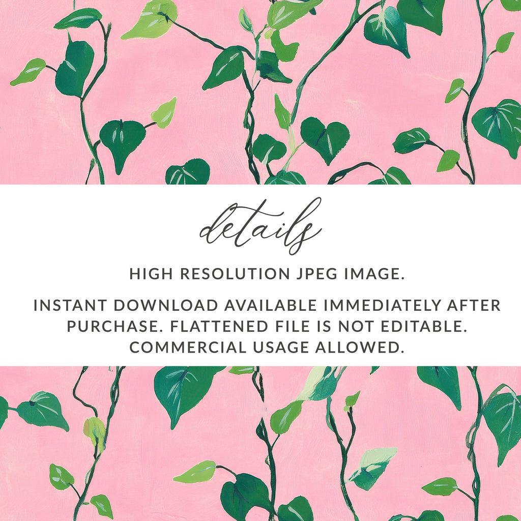 Pink background with green vines and text.