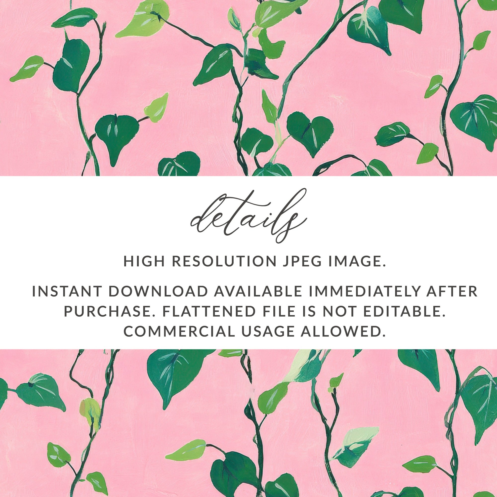 Pink background with green vines and text.