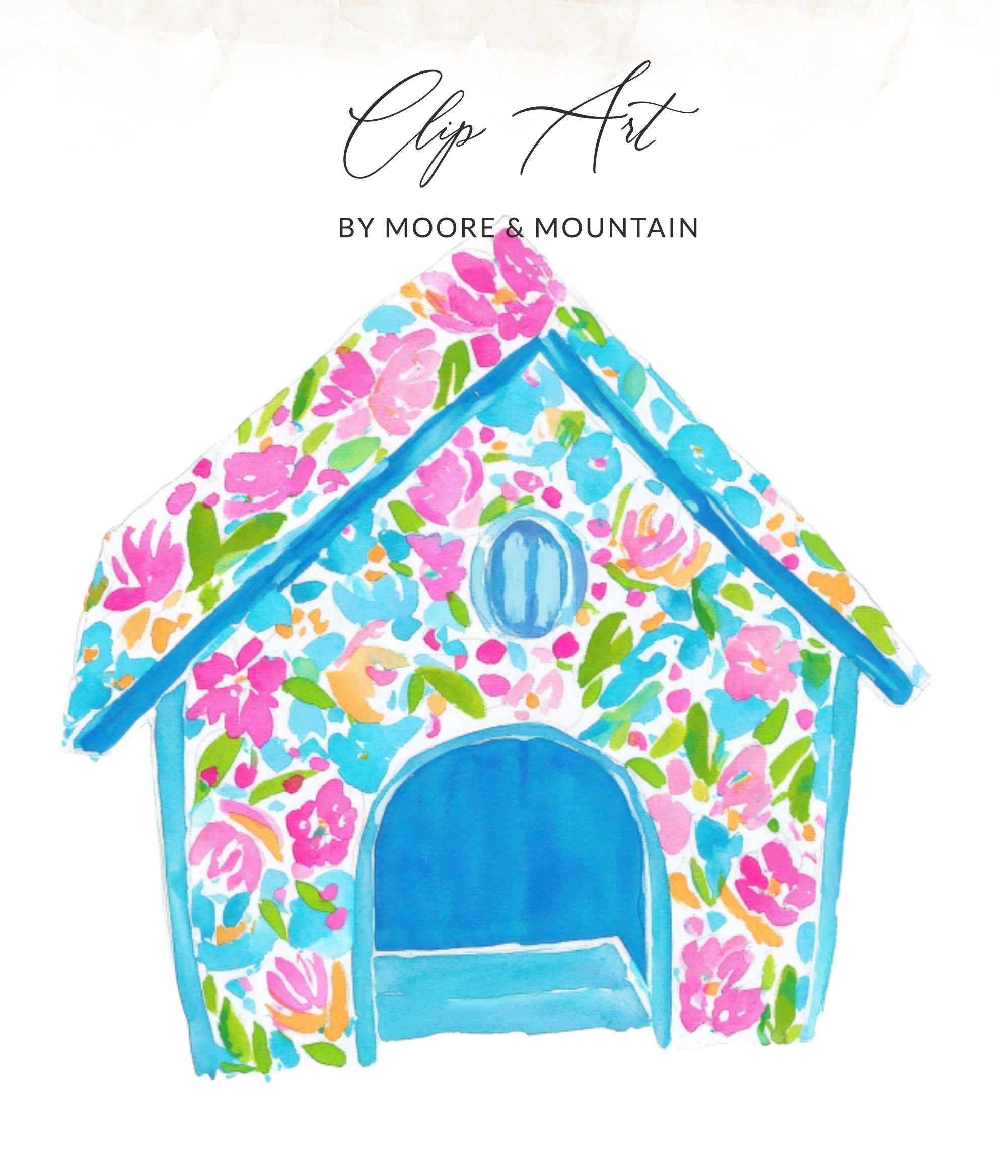 Floral dog house with "Clip Art by Moore & Mountain" text.