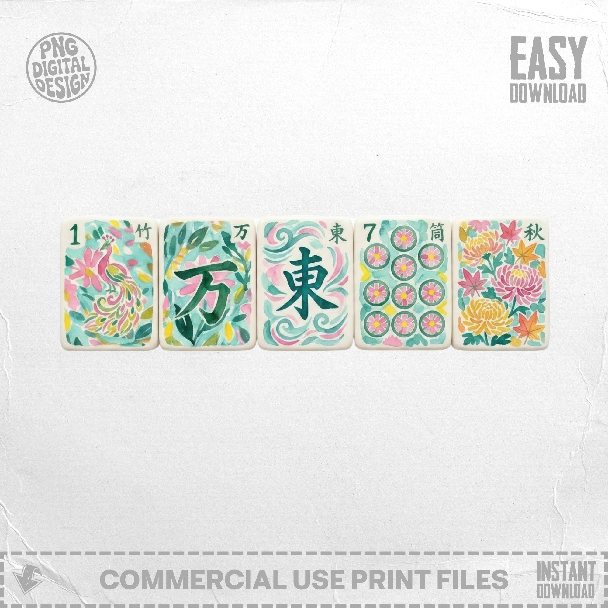 Five Mahjong tiles featuring colorful illustrated designs and Chinese characters.