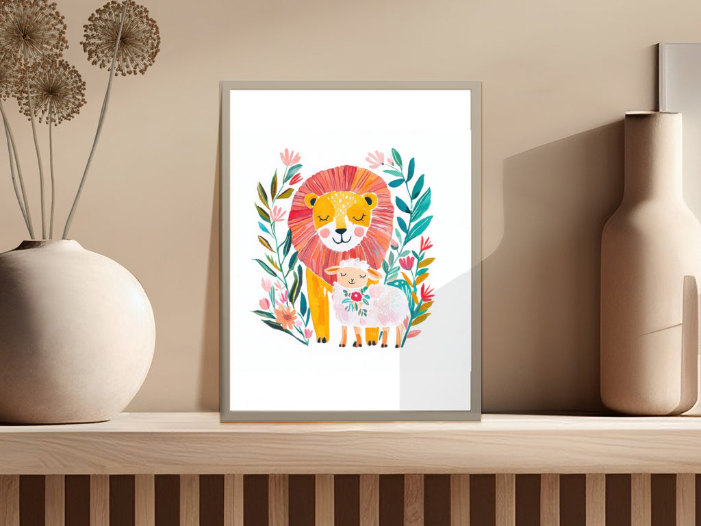 Lion and lamb illustration with flowers and leaves.