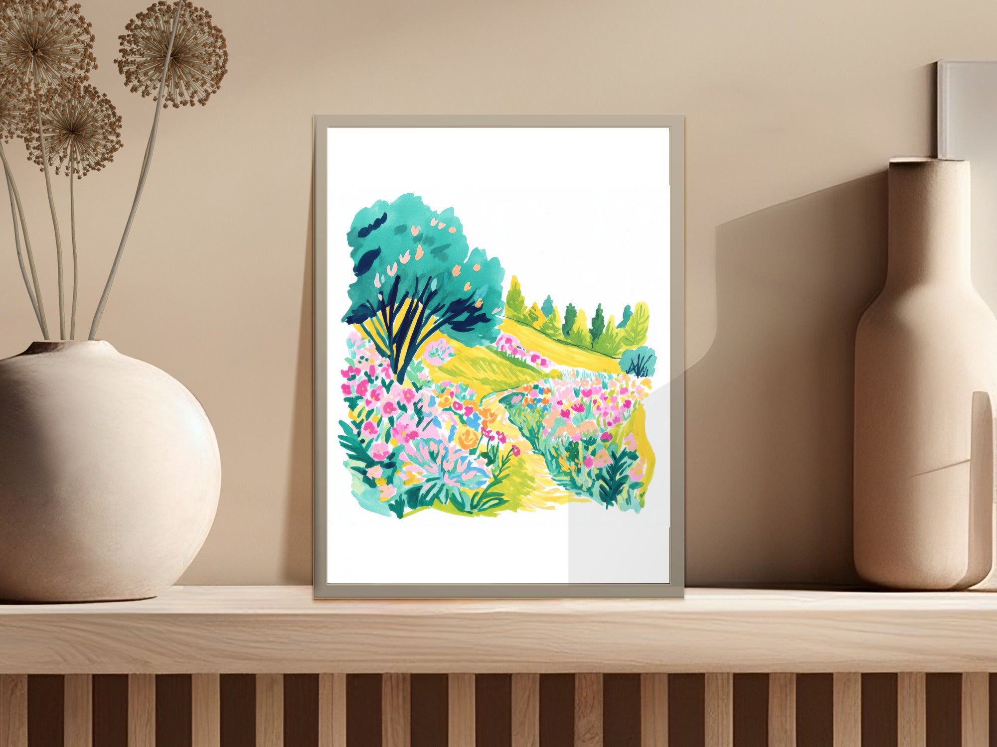 Colorful painting of a flower garden path with trees and rolling hills.