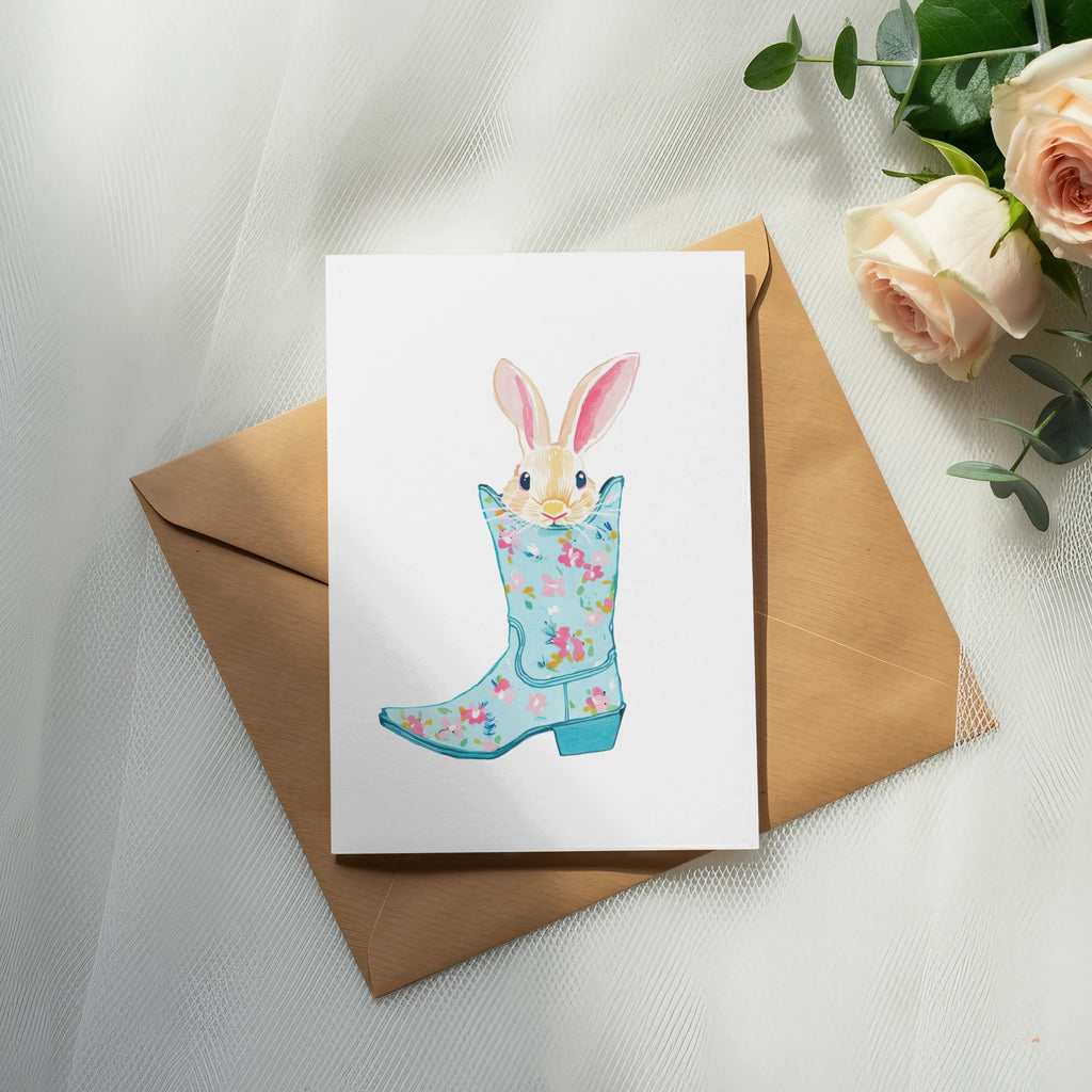 White card with floral cowboy boot and bunny illustration on brown envelope.
