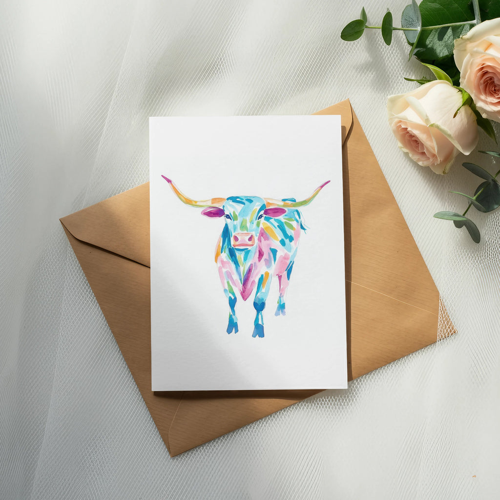 Watercolor longhorn bull on white cardstock atop brown envelope with roses.