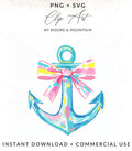 Teal anchor with pink and yellow bow, watercolor style.