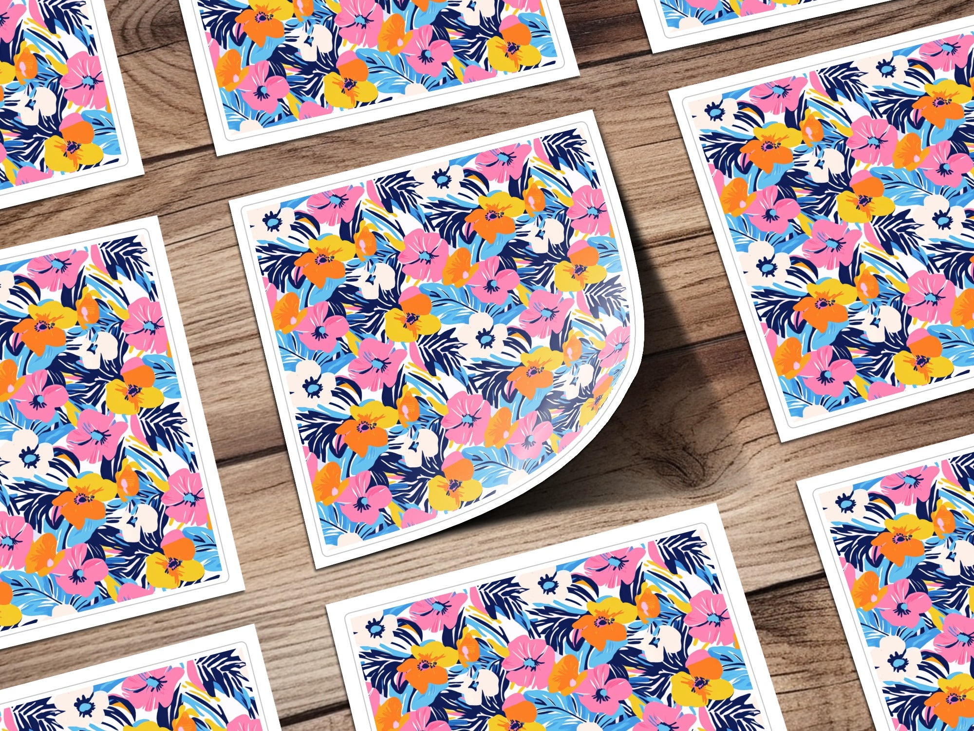 Floral pattern stickers with pink, blue, and yellow flowers on a wooden background.